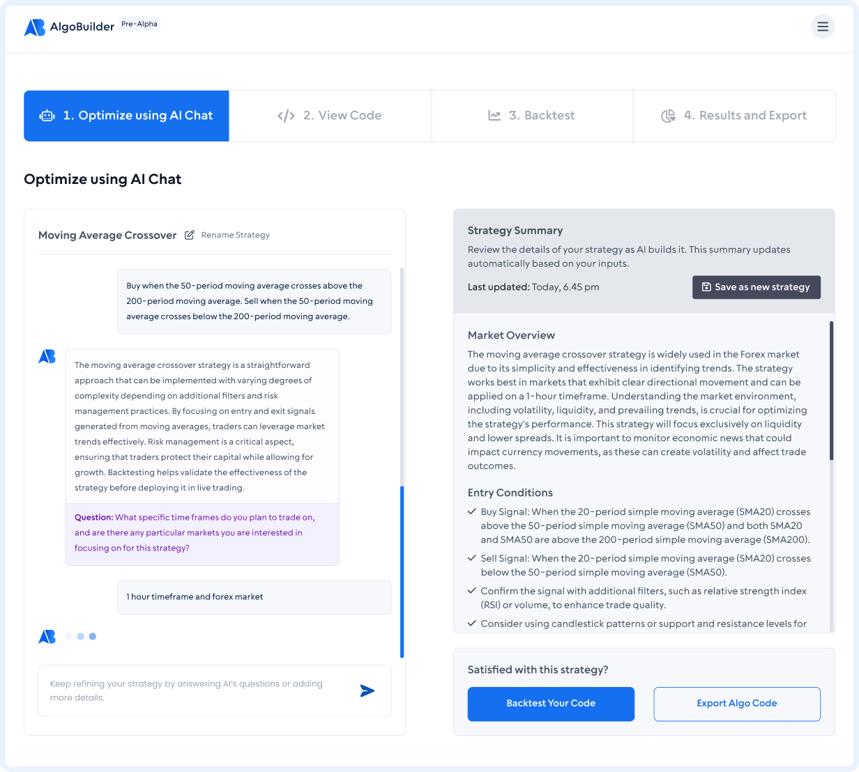 Create trading strategy with AI - AlgoBuilder screenshot